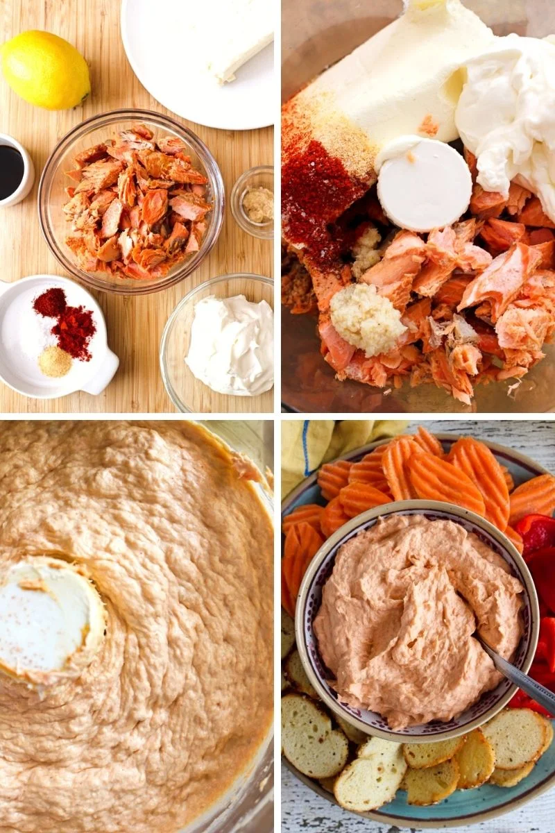 Collage of images of Smoked Salmon Dip being made.