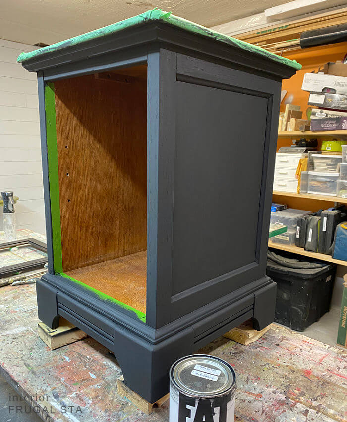 An oak end table makeover painted black.