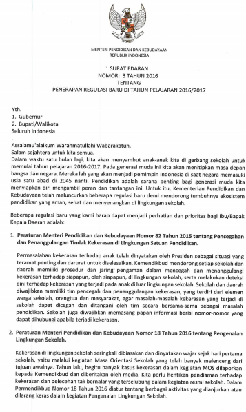 SE MENDIKBUD NO 3 TAHUN 2016 TENTANG REGULASI DI BIDANG PENDIDIKAN AWAL TAHUN PELAJARAN 2016/2017