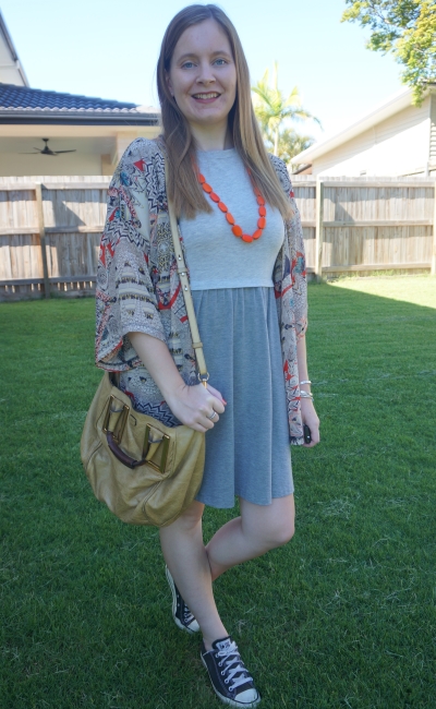 printed kimono matching orange beaded statement necklace with grey skater dress converse all star and chloe ethel bag | awayfromblue