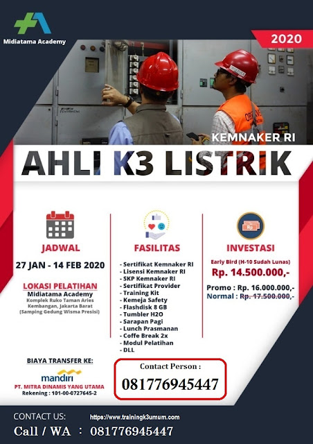 Ahli K3 Listrik kemnaker murah tgl. 27 Jan. - 14 Feb. 2020 di Jakarta