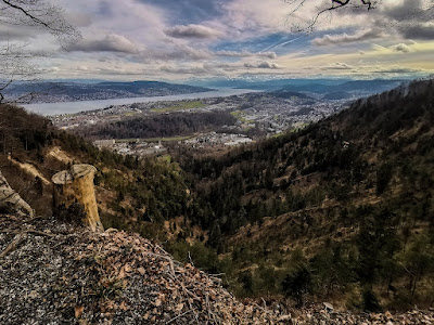 Fallätsche-Erosionsgebiet in der Albiskette mit Zürichsee und Alpen