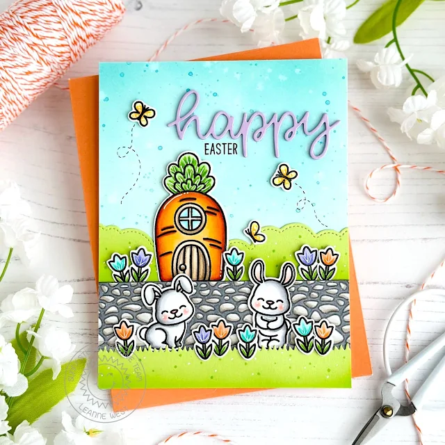 Sunny Studio Stamps: Sprawling Surfaces Easter Card by Leanne West (featuring Bunnyville, Mini Grass Border Dies, Fluffy Cloud Border Dies)