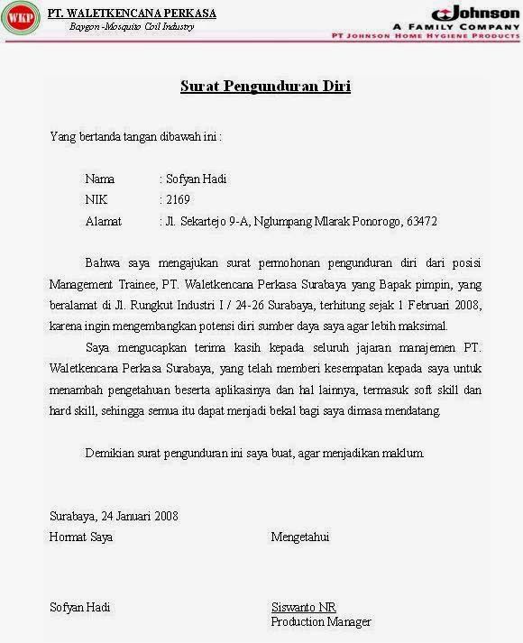 Contoh Surat Pengunduran Diri Kerja Yang Baik Dan Benar 