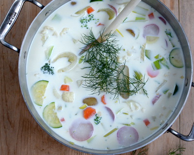 Finnish Summer Soup (Kesäkeitto), a simple but sumptuous summer soup ♥ KitchenParade.com, just summer vegetables in a milky broth.