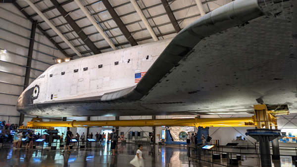 The retired space shuttle orbiter Endeavour on display inside the California Science Center's Samuel Oschin Pavilion in Los Angeles...on August 9, 2022.