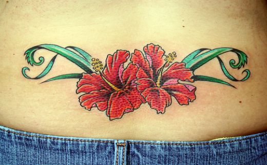 hawaiian flower border. back tattoo tree. lower ack