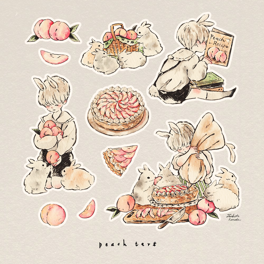 オリジナルイラスト｜男の子とうさぎと桃のケーキのかわいい絵