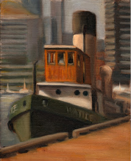 Oil painting of a steam-powered tugboat at a wharf in front of numerous high-rise buildings.