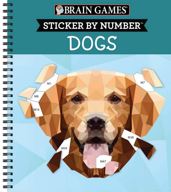 Spiral bound book cover features dog puzzle with some unfilled numbered spaces