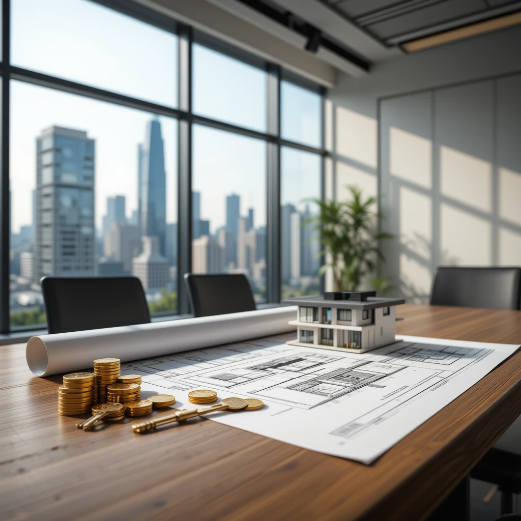 A modern office with large windows overlooking a city skyline. A wooden table in the foreground holds a detailed architectural blueprint of a residential development, scattered with gold coins, a house key, and a small model of a modern building. The scene is brightly lit, emphasizing a professional and aspirational atmosphere for a real estate business.