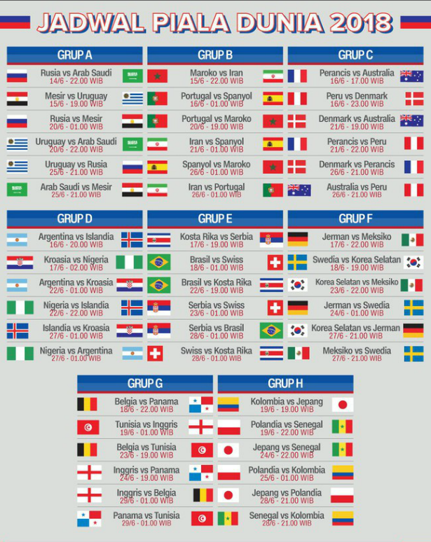 Jadwal Lengkap Pertandingan Piala Dunia 2018 - Dewabookie - DEWA BOOKIE