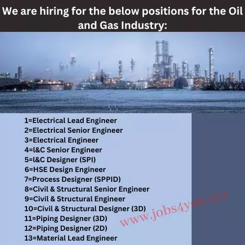 We are hiring for the below positions for the Oil and Gas Industry: