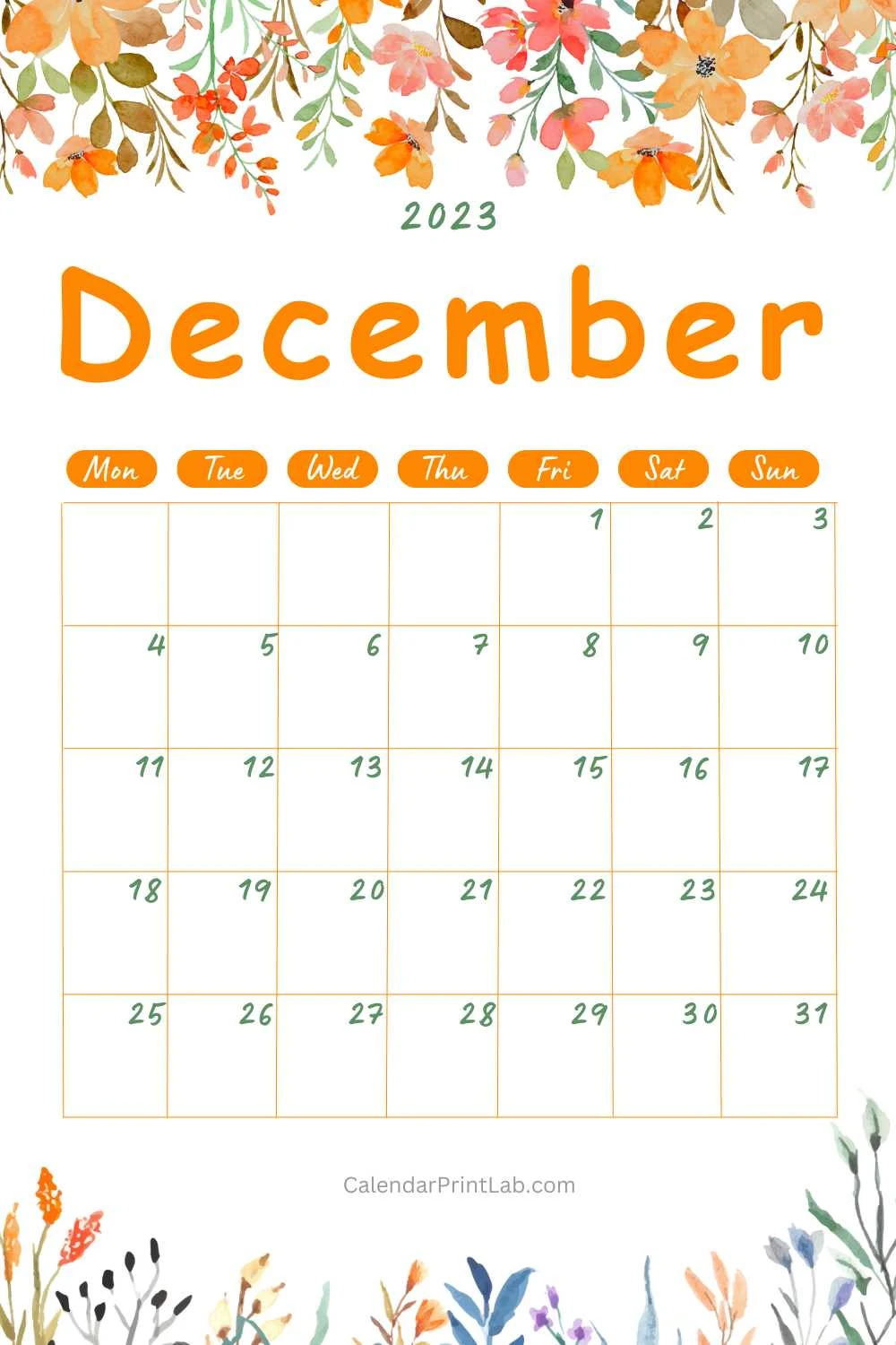 floral december 2023 calendar printable