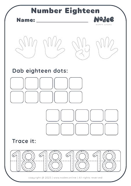 Learning through tracing, coloring, and dab a dot numbers number 18