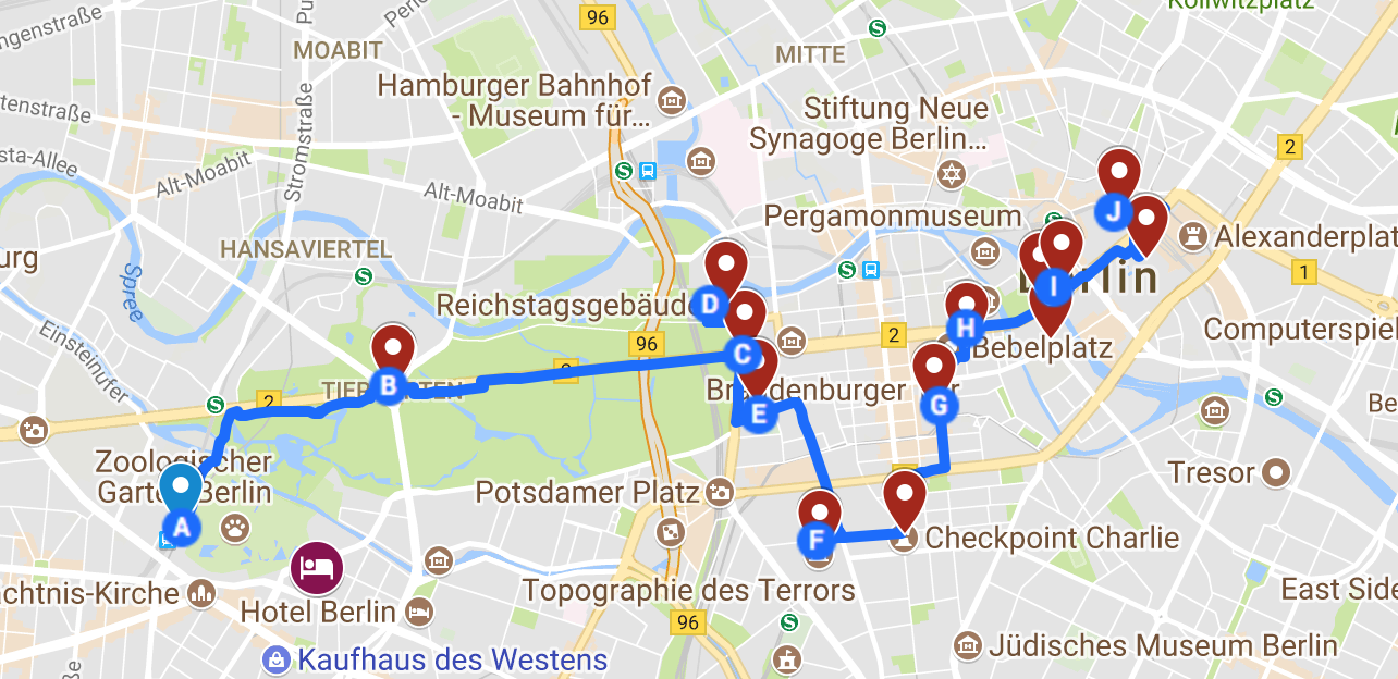 A map showing a walking guide and directions of Berlin, by www.CalMcTravels.com. Cal McTravels