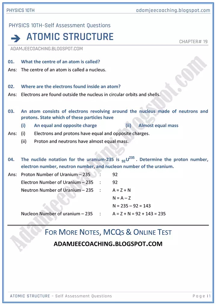 atomic-structure-self-assessment-questions-physics-10th