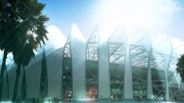 Rendering of new Grande Stade de Casablanca by SCAU, Casablanca, Morocco, entrance with people and palms