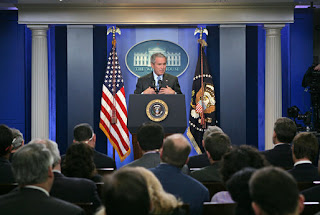 President George W. Bush holds a press conference Thursday, Aug. 9, 2007, in the James S. Brady Press Briefing Room. 'Today I'm going to sign into law a bill that supports many of the key elements of the American Competitiveness Initiative,' said the President. 'This legislation supports our efforts to double funding for basic research in physical sciences.' White House photo by Chris Greenberg 