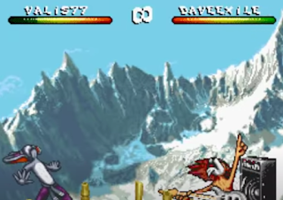 ValiS77 DAVEEXILE fight ValiS77 is Rabbit with  kick boxing style and  DAVEEXILE looks like rockstar lion with like guitar showing plus amp and in mountain area with beautiful dramatic colours