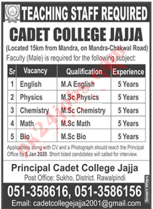 Pak Army Cadet College Jobs For Teachers in Rawalpindi 2020 (28 Dec 2019)