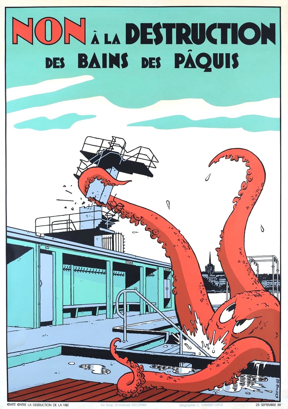 a 1988 political poster, Swiss? Non a la Destruction des Bains des Paquis, a giant octopus destroys buildings