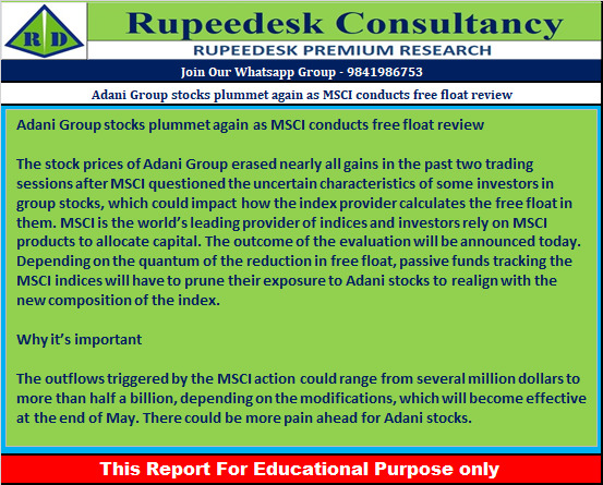 Adani Group stocks plummet again as MSCI conducts free float review - Rupeedesk Reports - 10.02.2023