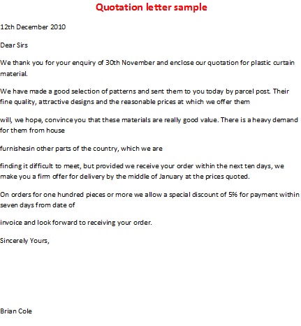 Email Quotation Letter Business Letter Samples