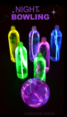 Night bowling- a super fun activity for Summer.  The glowing ball and pins are easy to make, too!