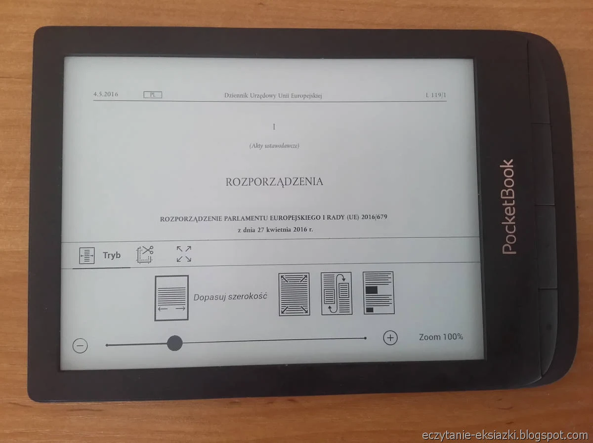 PocketBook Touch Lux 4 – tekst RODO w trybie poziomym po zastosowaniu dopasowania do szerokości