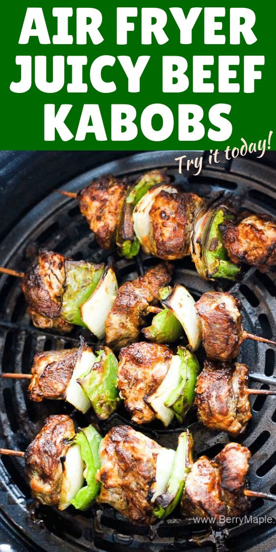 Air fryer beef kabobs, skewers, whatever you call them! So easy to make,healthy, mixed with veggies and marinated for 30 minute. Bell pepper, onions, beef steak or rib meat. Juicy meat and kid friendly kebabs! #airfryerbeef #airfryerkabobs #airfryerrecipes