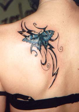 Butterfly Tattoo with Tribal Design on Female Back