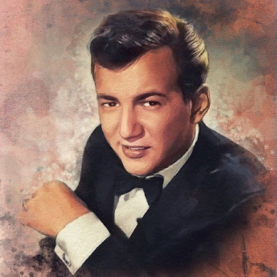 Painting of Bobby Darin in a tuxedo with his elbow propped in front of him, looking coyl