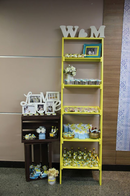 chá bar, chá de panela, azul e amarelo, decoração, lembrancinhas