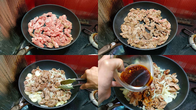 フライパンにサラダ油、豚肉を広げてから中火で熱し、片面にこんがり焼き色がついたら上下を返します。  上下を返したらすぐ玉ねぎを加えて炒め合わせます。 玉ねぎが透き通り、豚肉に焼き色がついて火が通ったら【調味料】をまわし入れ、味が馴染むように炒め煮にしながらとろみがつくまで煮詰めます。