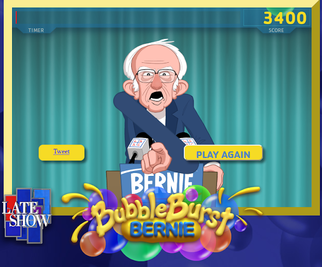 Bernie Bubble Burst high score 3400 game over screen Late Show Stephen Colbert Sanders