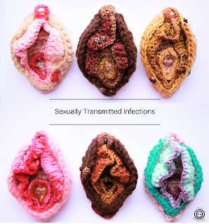 Centered between two lines text reads, sexually transmitted infections. The background image is a faded image of 6 crochet genitalia of different colours with varying representations of STI symptoms. Vulva Is.