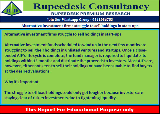 Alternative investment firms struggle to sell holdings in start-ups - Rupeedesk Reports - 11.08.2022