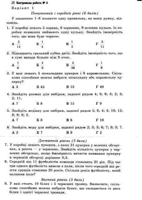 Алгебра 11: Контрольна робота №4 "Теорія ймовірностей і ...