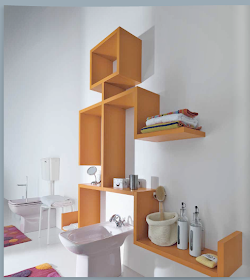 orange wall shelves in bathroom