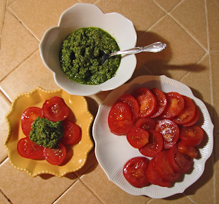 Plate of Tomatoes, Bowl of Pesto, Small Plate of Tomatoes with Pesto