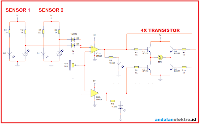 skema robot line follower analog 4 sensor driver transistor