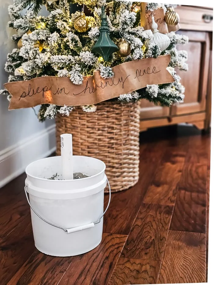 PVC pipe, bucket and concrete, basket as Christmas tree stand