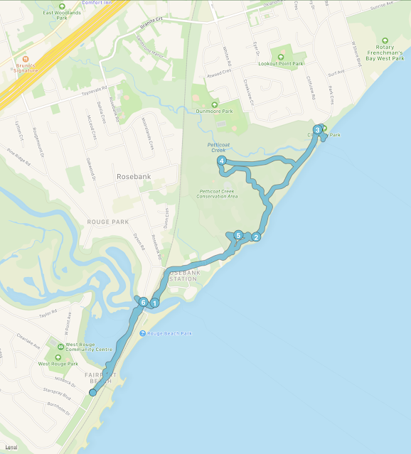 Endomondo map for route from Rouge Beach to Petticoat Creek