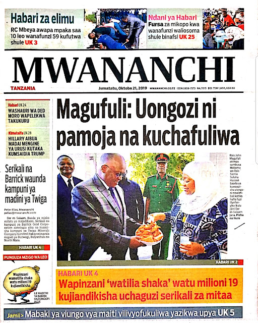 Magazeti ya Tanzania ya leo Jumatatu 21,Oktoba 2019