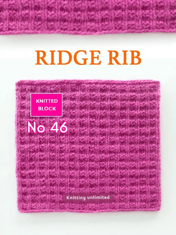 Ridge Rib Knit Purl square no 46. This pattern creates a nice textured fabric with ridges that alternate between knit and purl stitches.