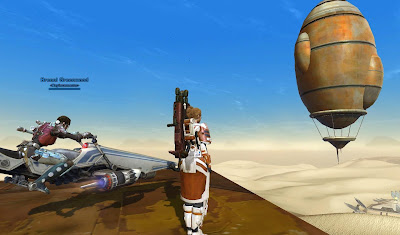 Shintar the trooper waiting for the Jawa balloon next to a random bounty hunter. You can tell it's early in the game as she's wearing the original Columi gear