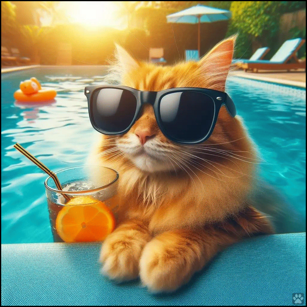 Funny AI Generated Cats. Summer time: happy cats with sunglasses chilling in the pool