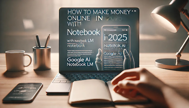A clean, horizontal close-up image of a modern workspace with a notebook open displaying the title 'How to Make Money Online in 2025 with Notebook LM