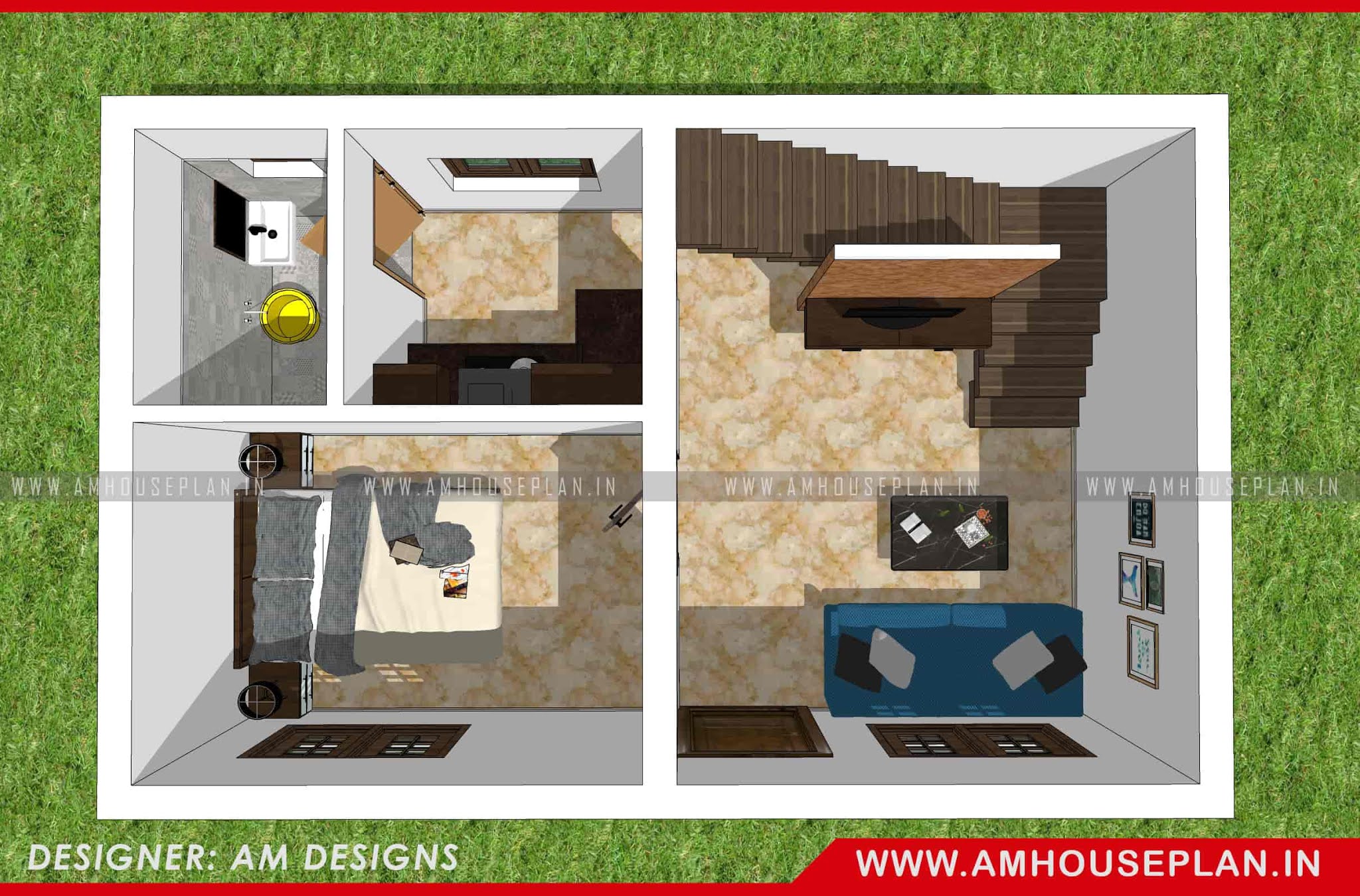 25 x 16 size 1 bhk home plan 3d